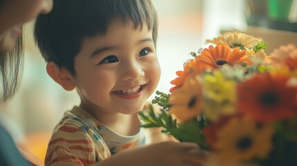 Poster - A joyful child smiles while holding a vibrant bouquet of flowers.