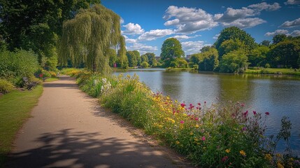 Poster - A serene riverside path lined with flowers and lush greenery under a blue sky.