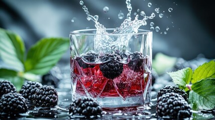 Canvas Print - A splash of water in a glass with blackberries, surrounded by fresh fruit and leaves.