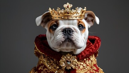 Wall Mural - Adorable bulldog puppy dressed in classic royal gold crown against grey background, showcasing friendship and humor in playful pet costume