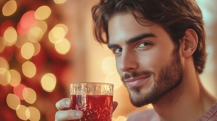 Canvas Print - A young man enjoys a festive drink, smiling in a cozy, decorated setting.