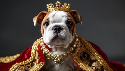 Wall Mural - Adorable bulldog puppy dressed in classic royal gold crown against grey background, showcasing friendship and humor in playful pet costume