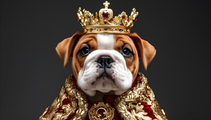 Wall Mural - Adorable bulldog puppy dressed in classic royal gold crown against grey background, showcasing friendship and humor in playful pet costume