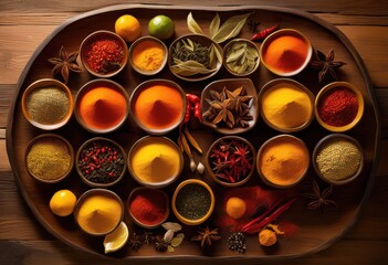 vibrant spices displayed colorful bowls rustic wooden showcasing palette rich textures exquisite hues, contrast, herb, seasoning, pepper, ginger, curry