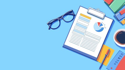 Poster - Business report with charts, glasses, pen, and coffee on a blue background.