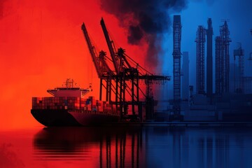 Cargo ship docked at port, vibrant colors of red and blue, industrial backdrop, reflective water.