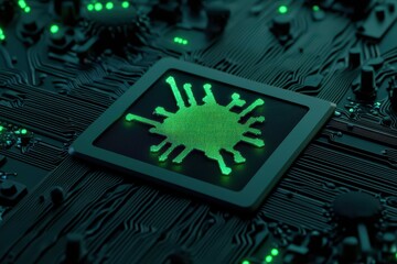 Poster - Close-up of a green microchip on a dark circuit board, symbolizing innovation and technology.