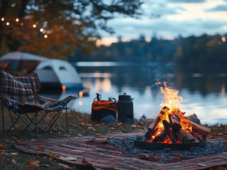 A warm fire crackles in a campfire ring next to a campsite at dusk, with a lake behind it, a tent, and a camping chair.