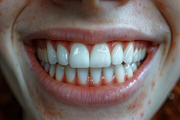 A close-up of a patient's bright white teeth with a slight smile