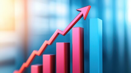 Poster - Colorful 3D bar chart with upward trend arrow on a blurred background representing growth and success.