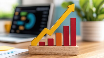 Poster - colorful bar graph with upward trend, symbolizing growth and success in a modern workspace.