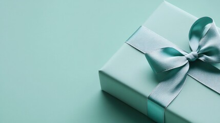 Wall Mural - A beautifully wrapped gift box with a satin ribbon on a solid teal background.