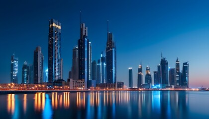 Stunning nightscape of Dubai featuring iconic Burj Al Arab amidst a luxurious beachside resort and modern skyline under a twilight sky