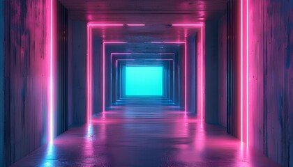 Wall Mural - Futuristic cyberpunk corridor with neon lights and concrete textures, showcasing advanced technology and a glowing metaverse atmosphere