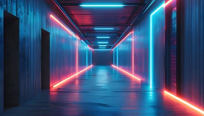 Canvas Print - Futuristic cyberpunk corridor with neon lights and concrete textures, showcasing advanced technology and a glowing metaverse atmosphere