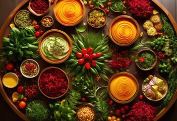 vibrant array plant based delicacies artfully arranged bright surface colorful fruits vegetables, arrangement, display, presentation, culinary, plate