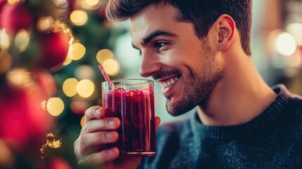 Wall Mural - A smiling man enjoys a festive drink in a cozy, decorated setting.