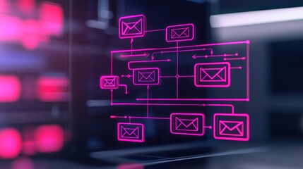 Poster - Futuristic email communication flow diagram on digital interface.