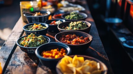 Canvas Print - A vibrant array of dips and snacks displayed on a wooden table for sharing and enjoyment.