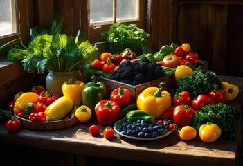 colorful lively ingredients artfully displayed under natural fresh light visual appeal, vegetables, fruits, herbs, spices, colors, freshness, textures