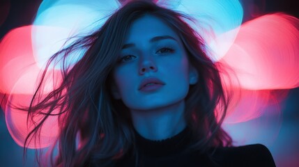 Poster - A portrait of a woman with flowing hair, illuminated by colorful bokeh lights.