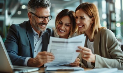 Wall Mural - potrait of Happy couple reading terms of agreement during meeting with bank manager in office