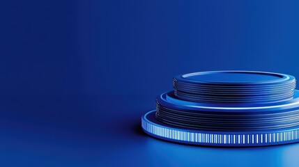 Poster - Modern blue coins stacked with vibrant light effects on a deep blue background.