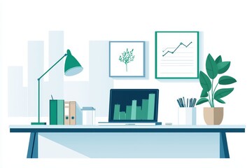 Poster - Modern office workspace with a laptop, desk lamp, plants, and charts on the wall.