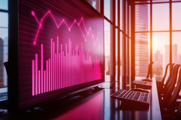 Fototapete - Modern office with graph display on screen, showcasing financial trends and analysis.
