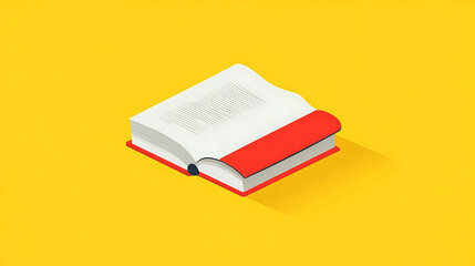 An open book with red cover against a yellow background.