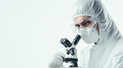Poster - scientist in protective gear observing samples through a microscope, highlighting laboratory researc