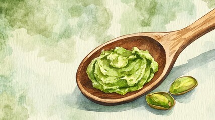 Watercolor of pistachio and pistachio butter in wooden spoon close up,Pistachio paste,Watercolor hand drawn illustration,hand drawn set design template for packaging,for menu cafe,copy space.