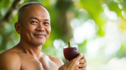 Poster - A smiling man holds a drink while surrounded by lush greenery.