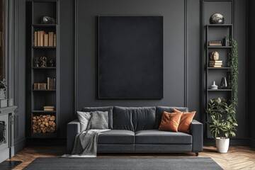 Wall Mural - Luxury Modern Living Room with Stylish Dark Grey Decor and Elegant Furniture