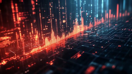Poster - Abstract futuristic background with red and blue glowing lines on a dark grid.