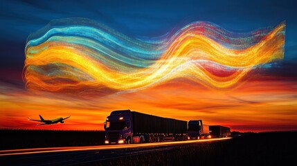 Sticker - Trucks driving on a highway at sunset with colorful light trails above.