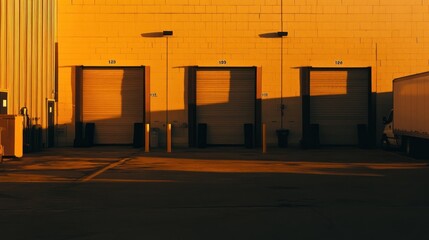 Poster - A warehouse exterior with loading docks illuminated by warm sunset light.