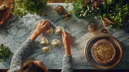 Preparing Dumplings on Marble Counter with Fresh Herbs and Wicker Steam Basket