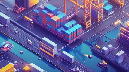 Canvas Print - A vibrant port scene featuring cargo containers, ships, and cranes in a stylized layout.