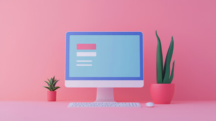 Poster - Stylish computer setup with login screen, pink background, and decorative plants.