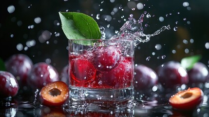 Poster - A refreshing drink with plums splashing in a glass, surrounded by fresh fruit.