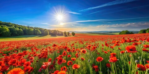 Wall Mural - A stunning expanse of vivid poppies stretches under a bright blue sky, bathed in natural light that enhances the beauty of this picturesque scene.