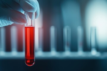 Poster - test tube with red liquid held by gloved hand, blurred background of other test tubes.