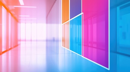 Poster - Vibrant modern corridor with colorful geometric designs and reflections.