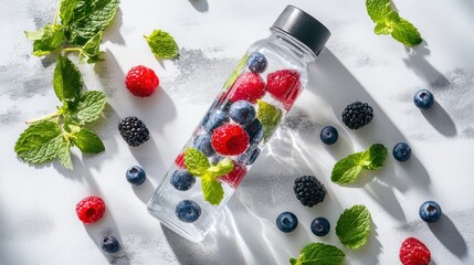 Wall Mural - A clear bottle filled with berries and mint, surrounded by fresh ingredients for infused water.