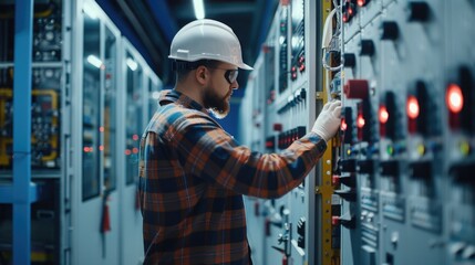 A person in a hard hat works on electrical equipment, providing a shot of blue-collar work