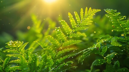 Wall Mural - Warm sunshine falling on the tops of the fern leaves in the morning dew