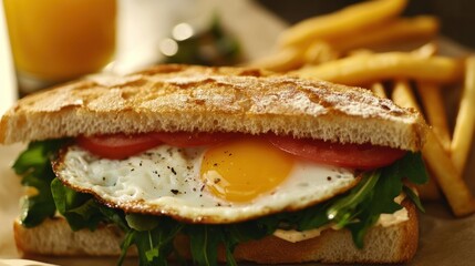 Wall Mural - A delicious sandwich with a fried egg, tomatoes, and greens, served with fries and juice.