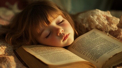 Sticker - A peaceful child sleeping on a book, embodying innocence and imagination.