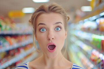 Portrait of a surprised young woman looking at camera while standing in supermarket. Generative AI